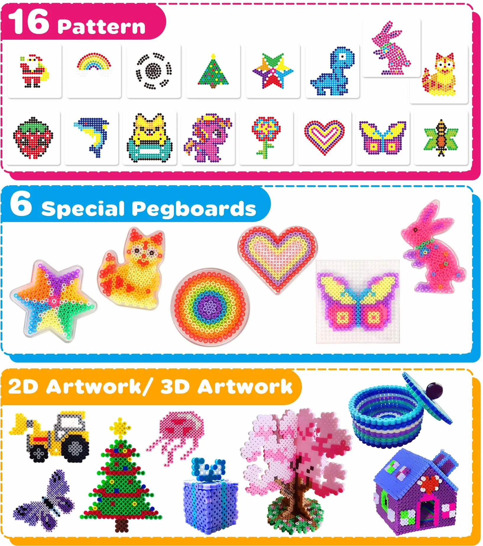 Ophy Set Perline da Stirare | 15000pz 5mm Perline a Fusione, 6 Pegboard, 16 Modelli, 5 Carte da Stiro, Adatto Per Accessori Artigianali Fai Da Te Per Bambini Giochi Creativi