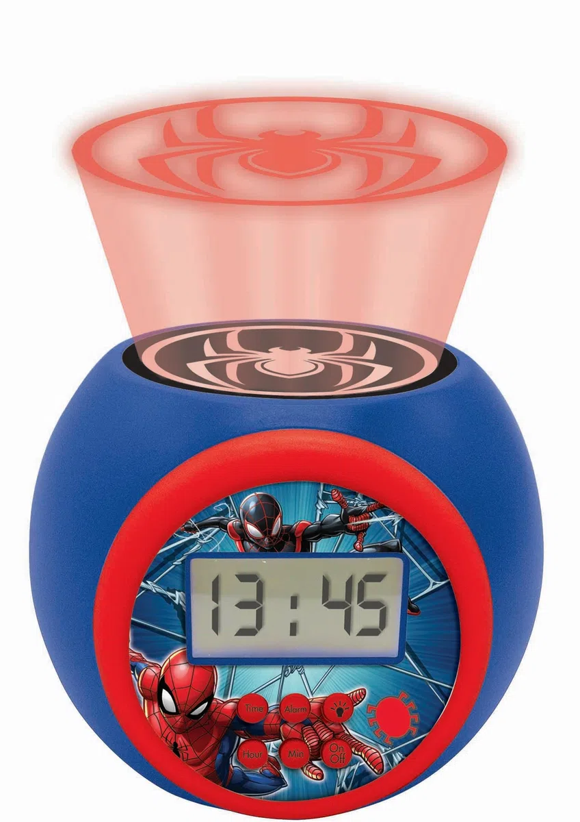 Lexibook - Marvel Spider-ManSveglia con proiettore con Funzione Snooze, Luce Notturna con Timer, Schermo LCD, a Batteria, Blu/Rosso, RL977SPLXB
