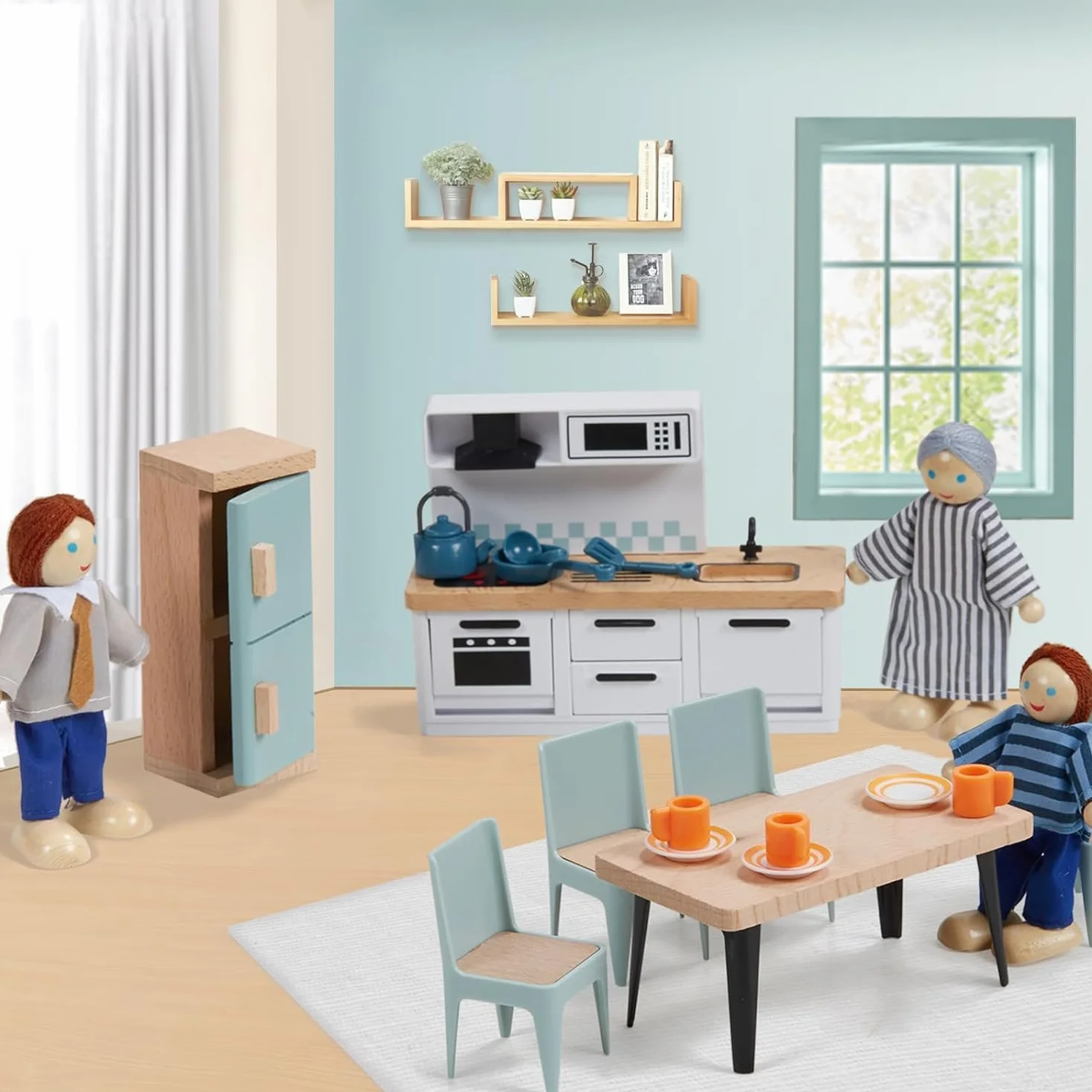 Giant bean Set di Mobili Casa Bambole Legno, 36 Mobili Casa Bambole con 4 Bambole di Famiglia, Accessori Casa Delle Bambole, Giocattoli Per Bambini dai 3 Anni In Su