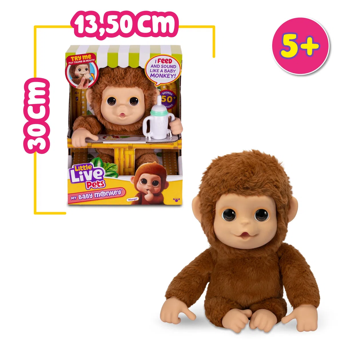 Little Live Pets - Mango, la Scimmietta Interattiva, 50 Suoni Interattivi e Movimento della Bocca, Ama il Solletico e Emette Suoni Gioiosi quando gli tocchi il Pancino! Ricco di accessori LP500000