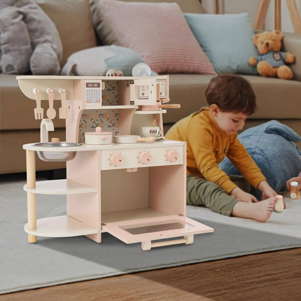 Cucina giocattolo in legno per bambini, con fornello e macchina da caffè, giocattolo in legno non tossico, set compatto da cucina per bambini giochi di ruolo a casa