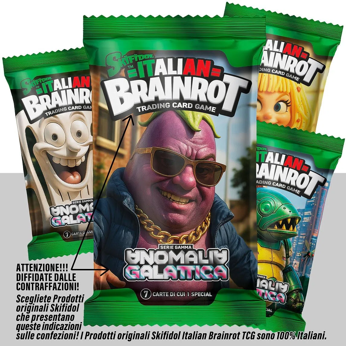 Generico Skifidol Italian Brainrot Trading Card Game, Serie Gamma Anomalia Galattica, 12 Bustine da 7 Carte, Gioco di Carte Collezionabili