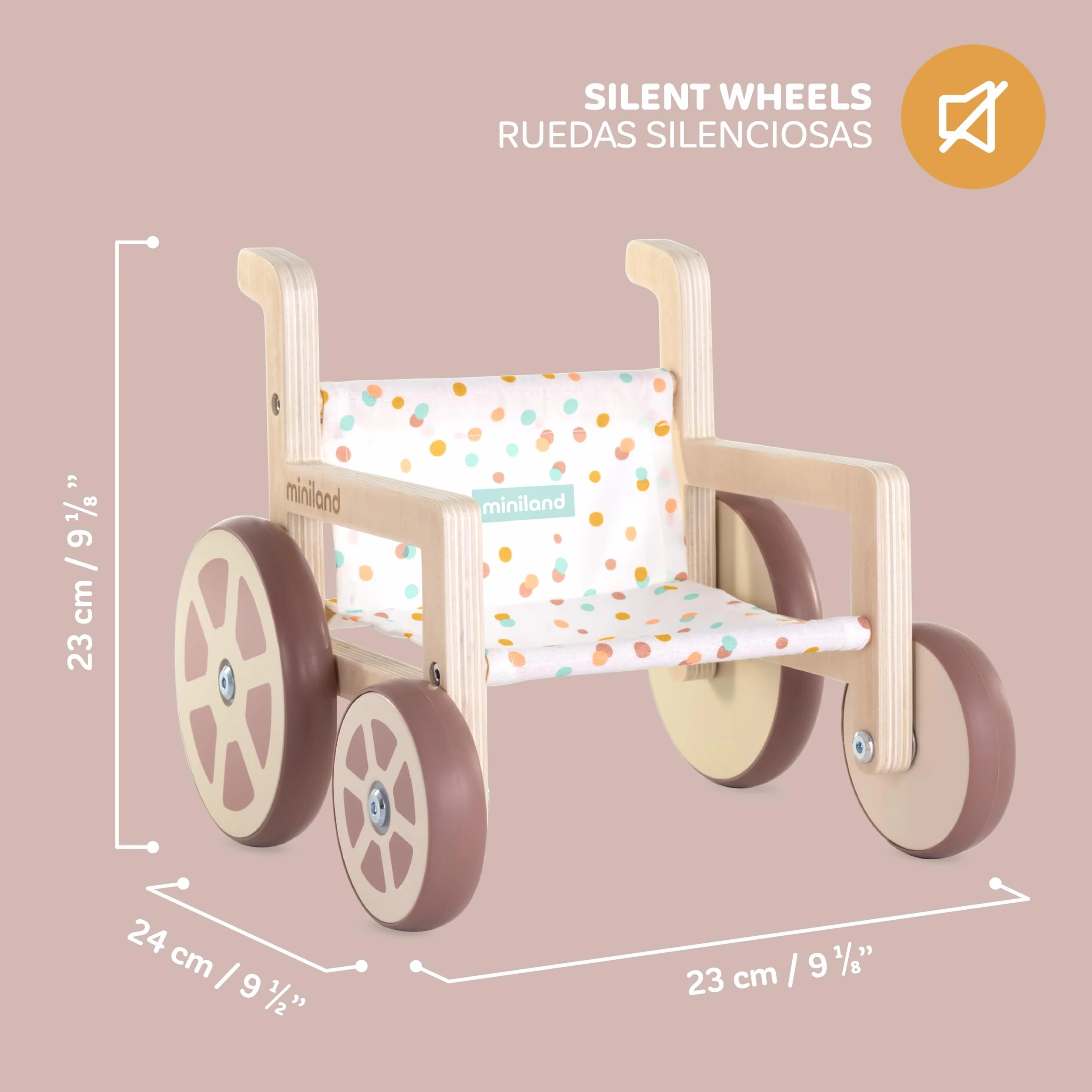 Miniland Sedia a rotelle realizzata con materiali ecologici per bambole fino a 38 cm.