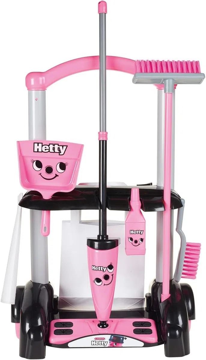 Casdon Giocattoli Henry & Hetty - Carrello per le pulizie Hetty - Set rosa ispirato a Hetty con scopa, spazzole, paletta e accessori - Carrello per le pulizie per bambini - Età: 3+ anni