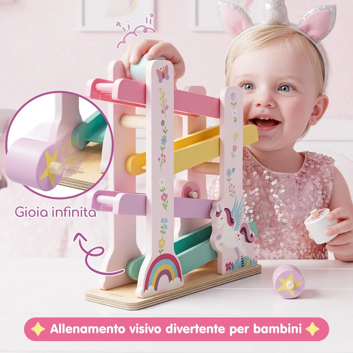 Lehoo Castle Giocattoli Montessori 1 Anno, Rampa in Legno Unicorno per Bambina, Pista con 4 Roller, Gioco Educativo in Legno, Regalo Bambina 1 2 Anni