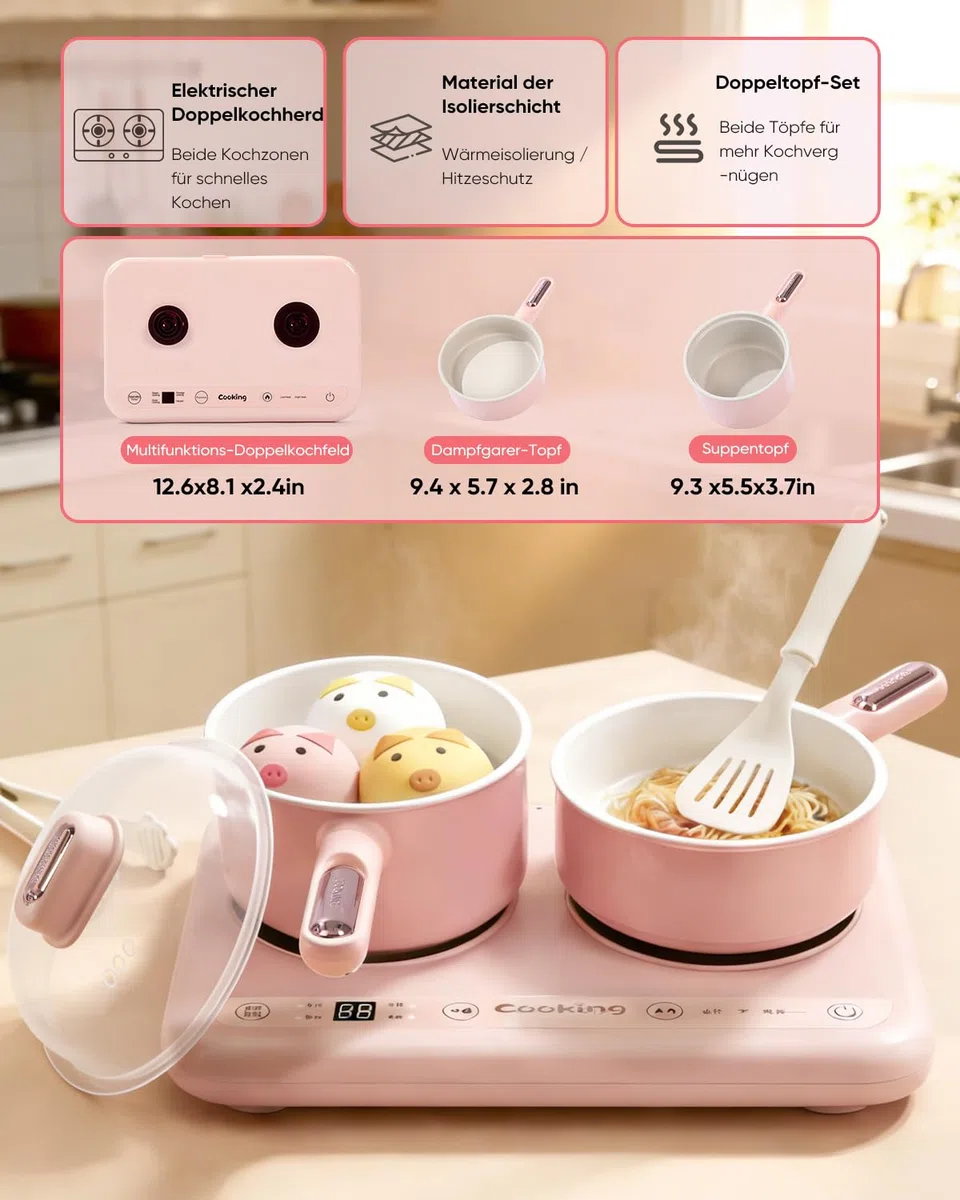 BICRET Set da cucina elettrica per bambini con doppio fuoco, accessori completi, include utensili da cucina e coltello da chef sicuro, per bambini dagli 8 ai 12 anni (rosa)