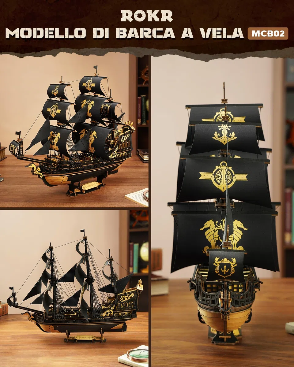 ROKR Kit di Modelli di Barche in Legno Con Puzzle 3D per Adulti, Barca a Vela Fai Da Te Meccanica, Kit di Modelli per Adulti, The Seahorse Barque MCB02