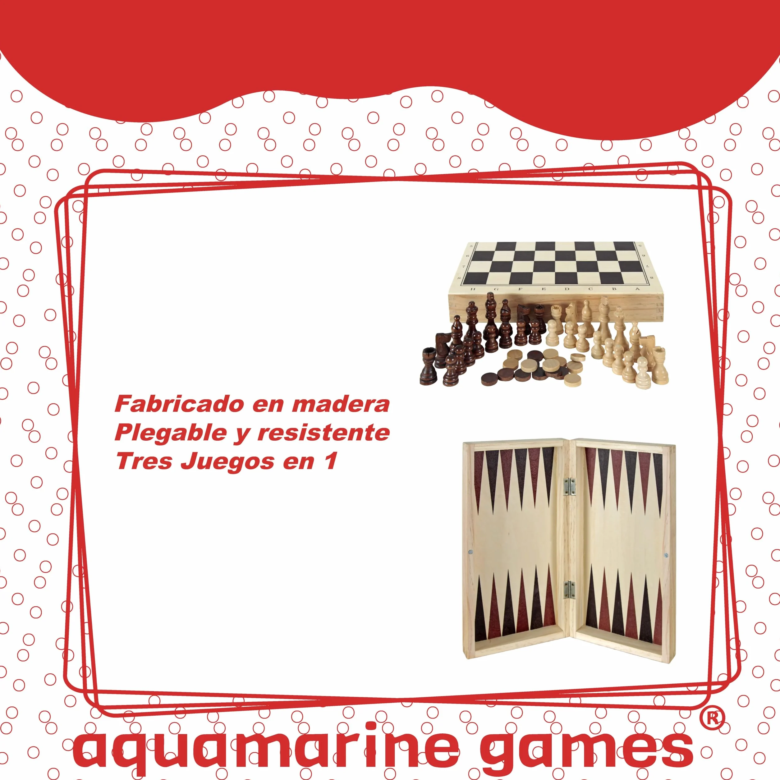 Aquamarine Games - Scacchi, Dama Backgammon, con confezione portatile in legno, 2 giocatori