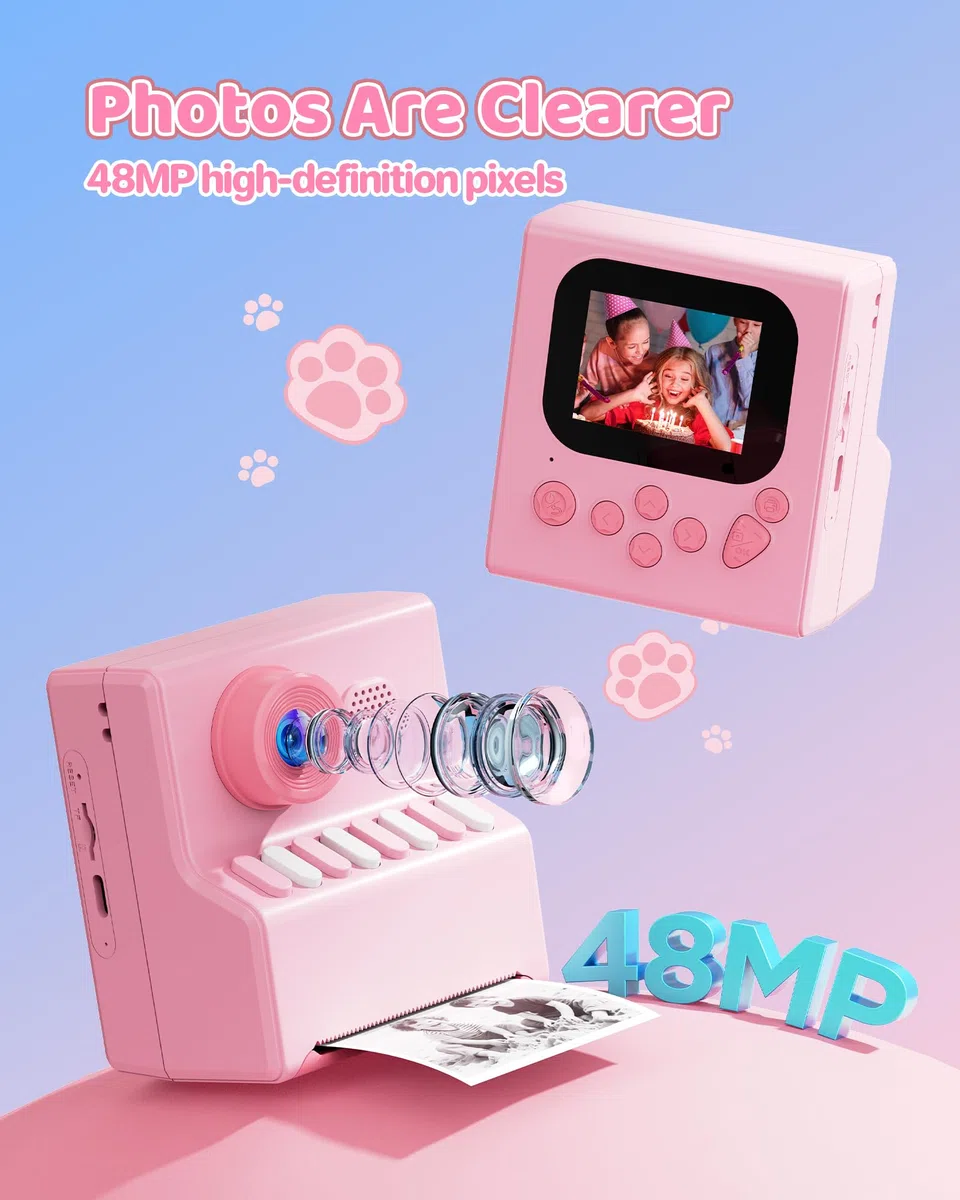 Macchina Fotografica Bambini Istantanea Rosa: HODDRCCN Macchina Fotografica Istantanea Bambini - Registrazione Video 1080P - Lettore MP3 - Include Scheda SD da 32 GB e Cordino Portatile