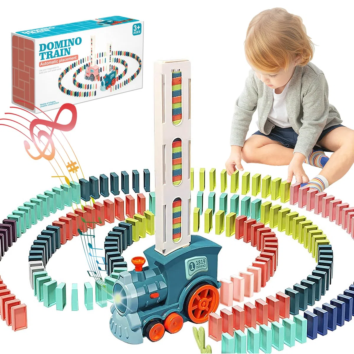 Giocattoli per Treno Domino per Bambini, 100 Pezzi di Domino Automatico che posa il Treno Elettrico con Suono, Gioco di Impilamento dei Blocchi, Giocattoli per Bambino e Bambina di 3+ Anni (Ciano)
