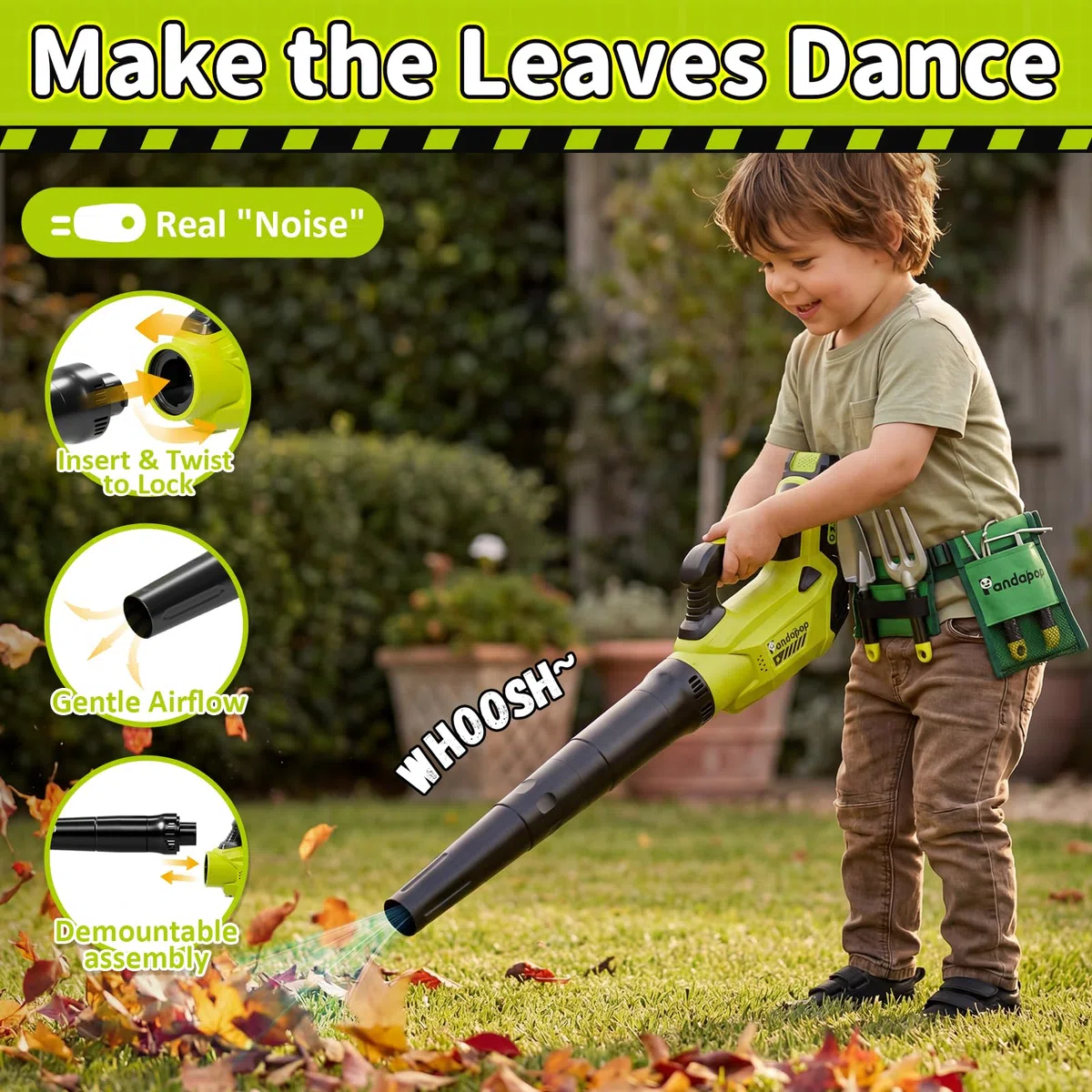 Pandapop 2 in 1 Attrezzi da Lavoro Bambini, Decespugliatore Bambini con Luci, Soffiatore Foglie con Suoni, Kit Giardinaggio Bambini con Cintura E Guanti, Giochi Bimbo 3 Anni
