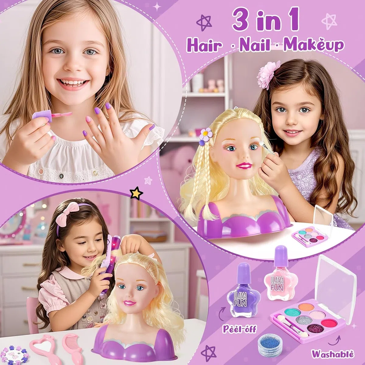 Set Parrucchiere per Bambini Trucco Hair Styling con Giocattolo Asciugacapelli Piastra Testa in Stile Bambola Parrucchiere da Kit Bellezza Trucco Salone Giocattolo Compleanno per Ragazze 3 4 5 6 Anni