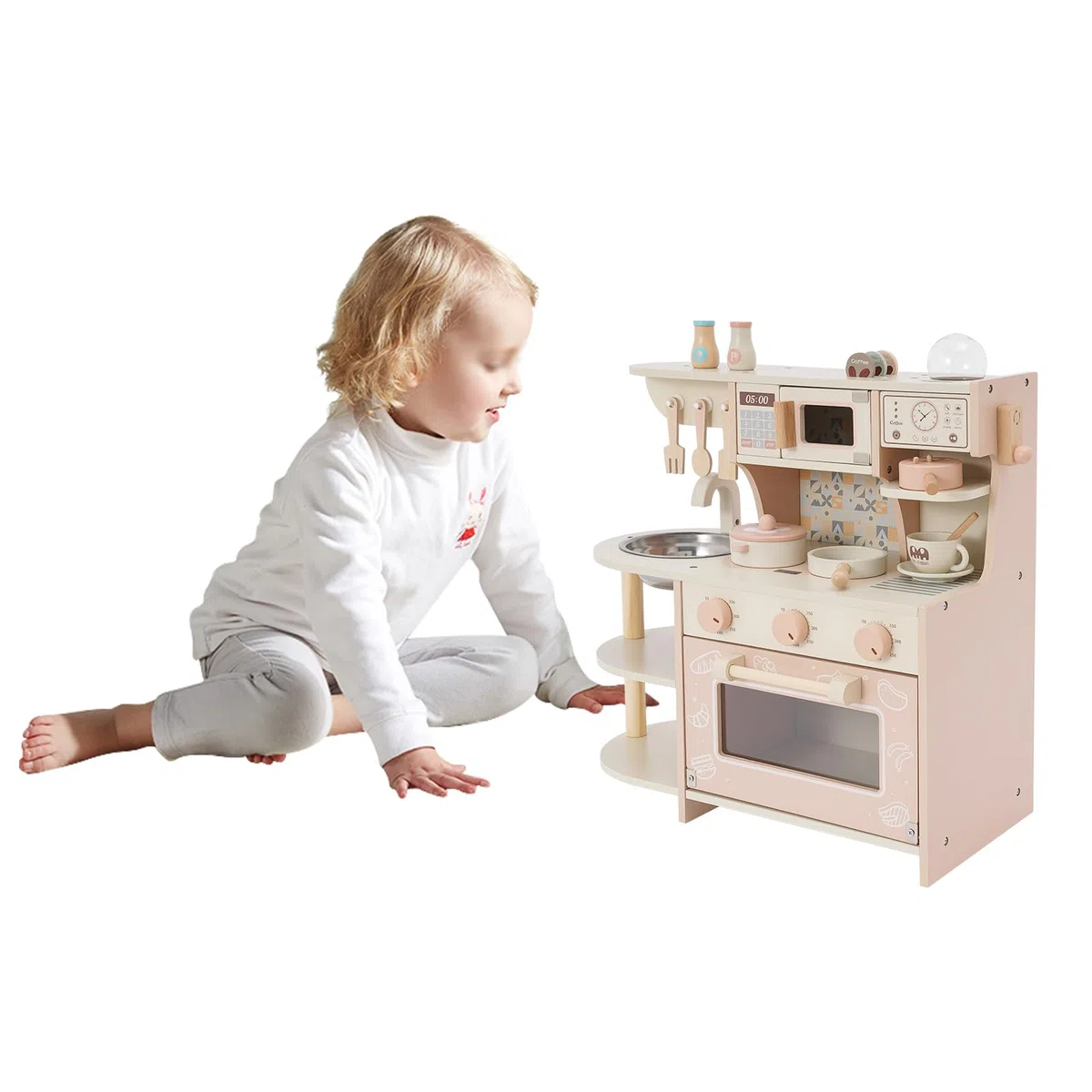Cucina giocattolo in legno per bambini, con fornello e macchina da caffè, giocattolo in legno non tossico, set compatto da cucina per bambini giochi di ruolo a casa