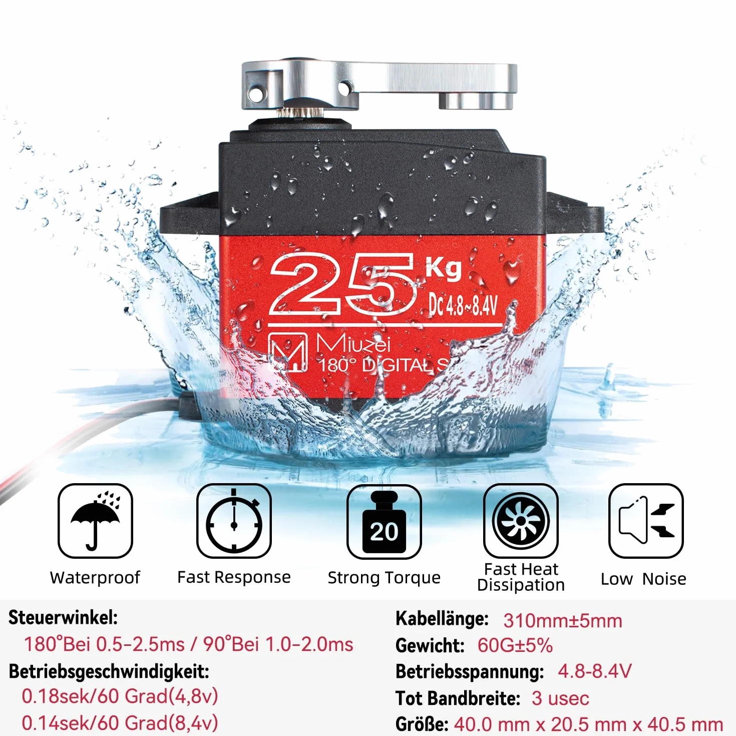 Miuzei Servomotore Rc Digitale 25kg 180 Metallo Gear Servocomando rc 1/10 1/8 Compatibile con Arduino High Torque Per Modellismo Mano Robotica