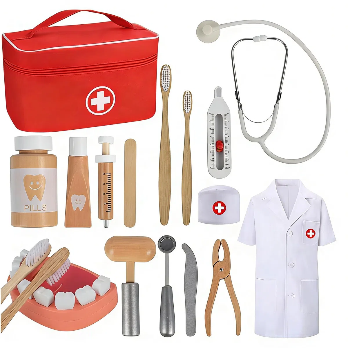 Valigetta Dottore Bambini Legno con vero Stetoscopio Borsa Dottore Gioco Attrezzo Medico Giocattolo a Partire dai 3 4 5 6 Anni