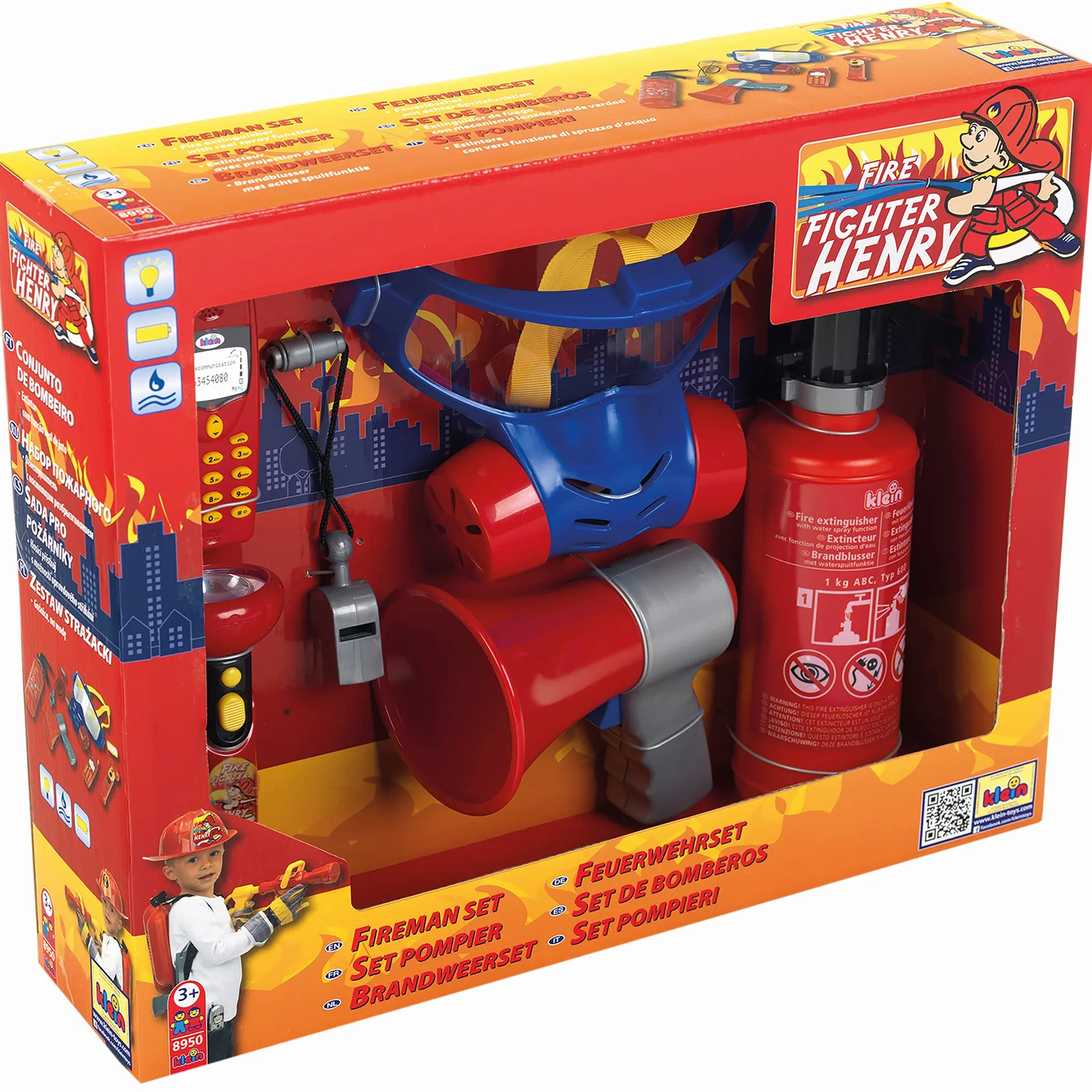 Theo Klein 8950 Set da Pompiere, 7 Pezzi, Include estintore con Funzione Spray, megafono, Torcia e Molto Altro, I Dimensioni- 40 cm x 32 cm x 9,5 cm I Giocattoli per Bambini dai 3 Anni in su
