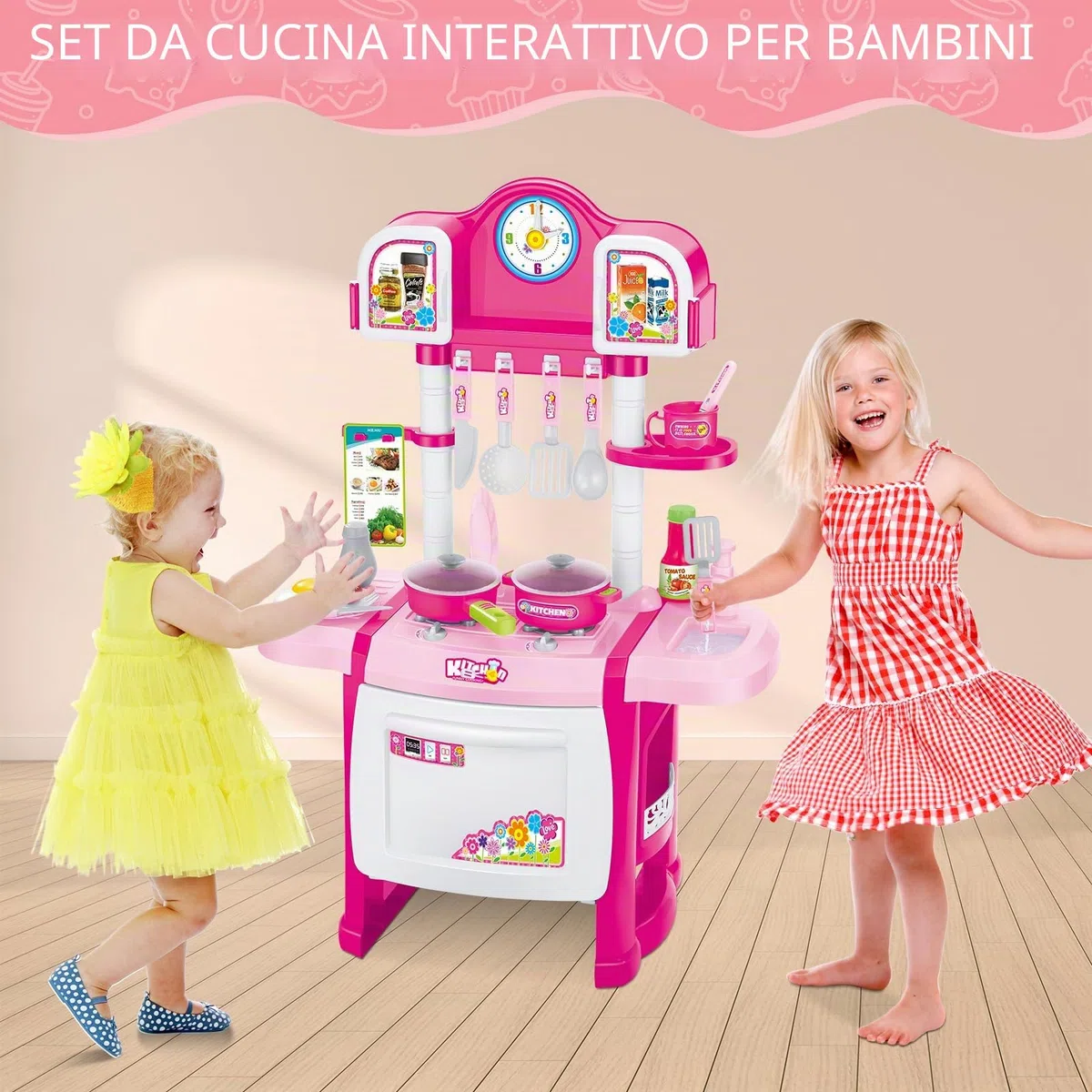 deAO My Little Chef Cucina Giocattolo in Miniatura con Luci e Suoni, 18 Accessori, Fornello, Lavello, Padelle e Utensili, Gioco di Ruolo, Regalo per Bambini e Bambine | Rosa