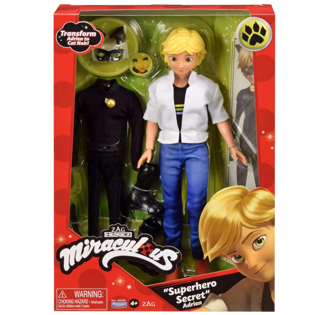 BANDAI - Miraculous - Bambola Miraculous Chat Noir e Adrien - manichino 26 cm e i 2 costumi - Giocattolo Bambola supereroe articolata - Giocattolo per bambini 4 anni e + - P50356