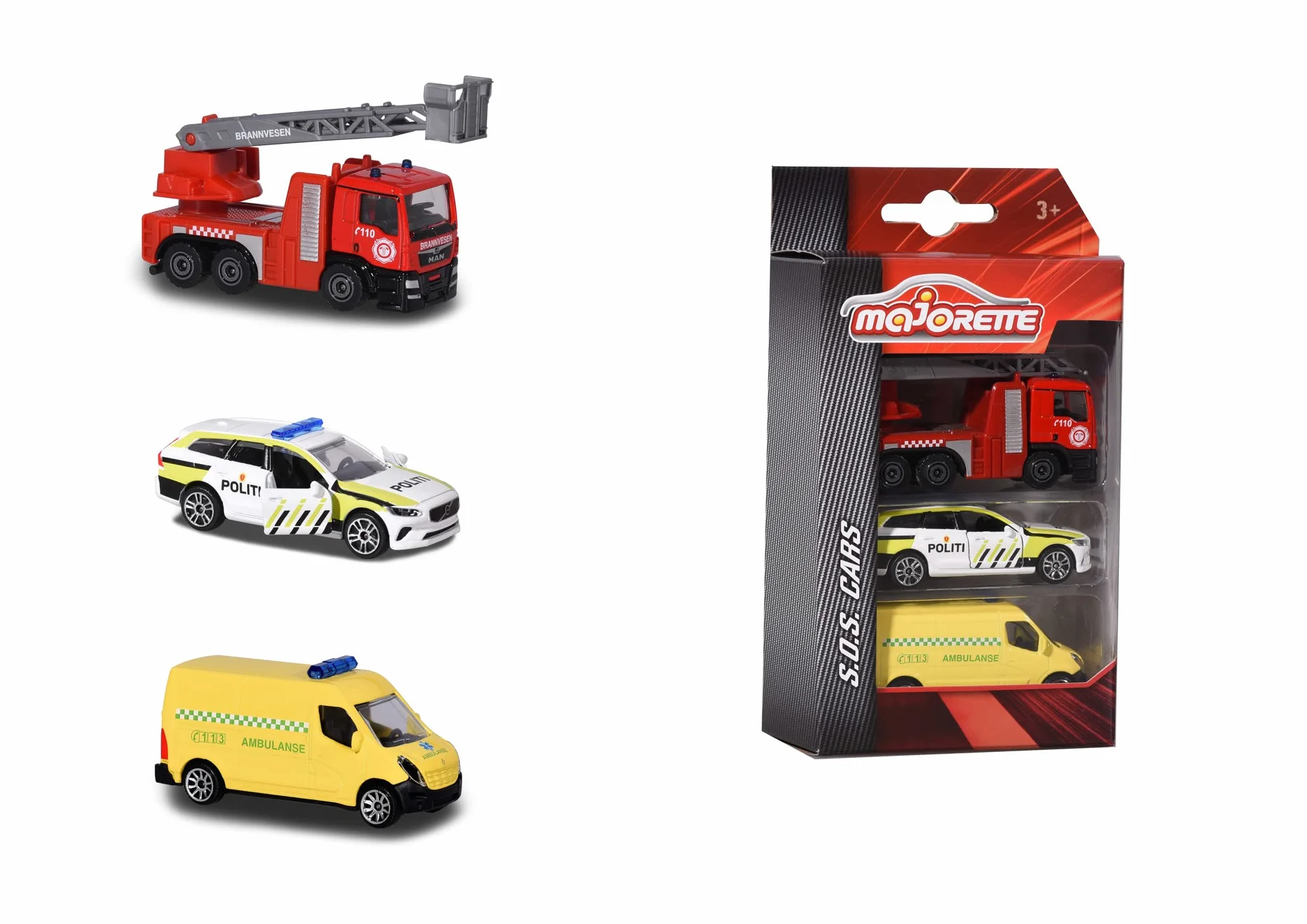 Majorette 212057262007-3-Pack Norvegese Veicoli da stampa - confezione da 3 Norvegese Veicoli da stampa con auto della polizia in Volvo V90 Modello, Ambulanza e Fuoco in Metallo, 7,5 cm, Da 3 anni