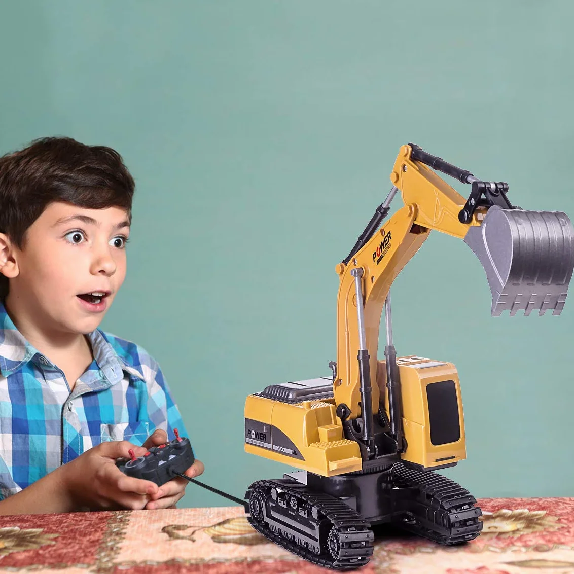 Highttoy Escavatore Radiocomandato per Bambini,Escavatore Ruspa Trattore Camion Giocattolo Bambino 3 4 5 6 7 8 Anni Regalo, Ruspa Telecomandato 6 Canali Scala 1:24 con LED e Suono