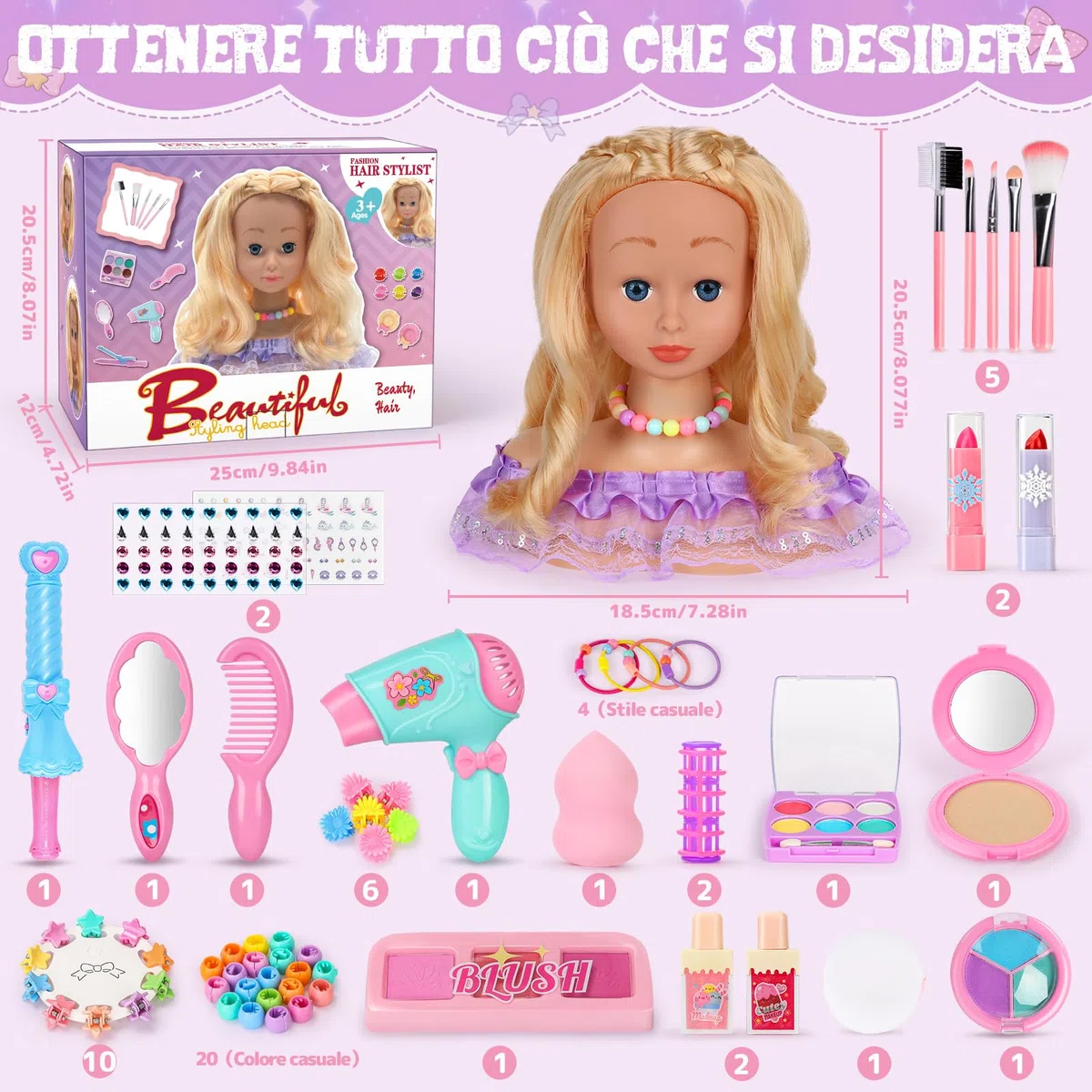 Testa Bambola da Truccare e Pettinare, 66 Pezzi Testa da Pettinare Bambina, Bambola da Truccare Regalo di Compleanno, Natale per Bambini a Partire Dai 3 Anni (Viola)