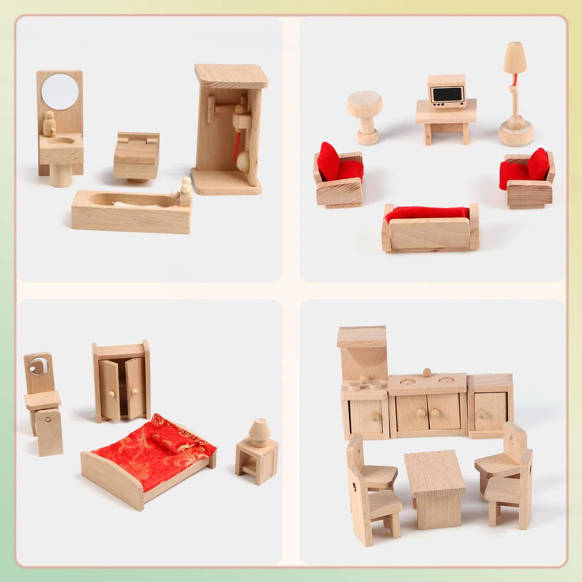 5 Set di accessori per mobili per casa delle bambole con una famiglia di 6 bambole Decorazione Giochi di finzione per ragazze e ragazzi, in Legno