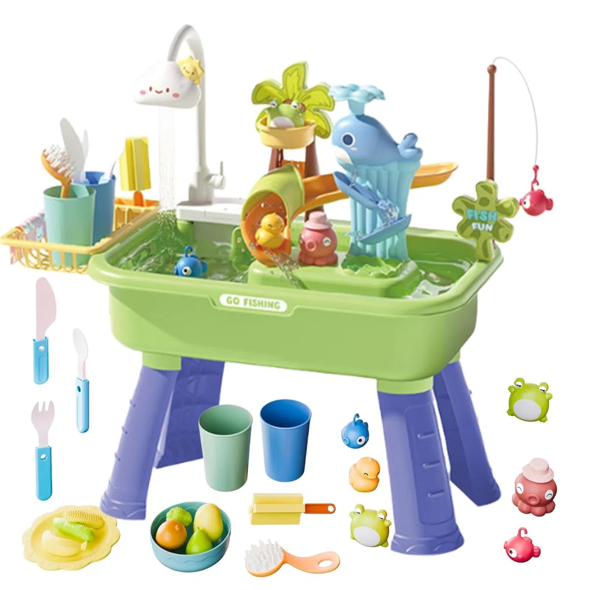 Tavolo DellAcqua per Bambini con Acqua Corrente 54x29x53cm Tavolo d'Acqua con Rubinetto Elettrico,Lavandinos Gioco 4 in 1 con Pompa,Giocattolo Sensoriale con Acqua,per Bambini Dai4 agli 8