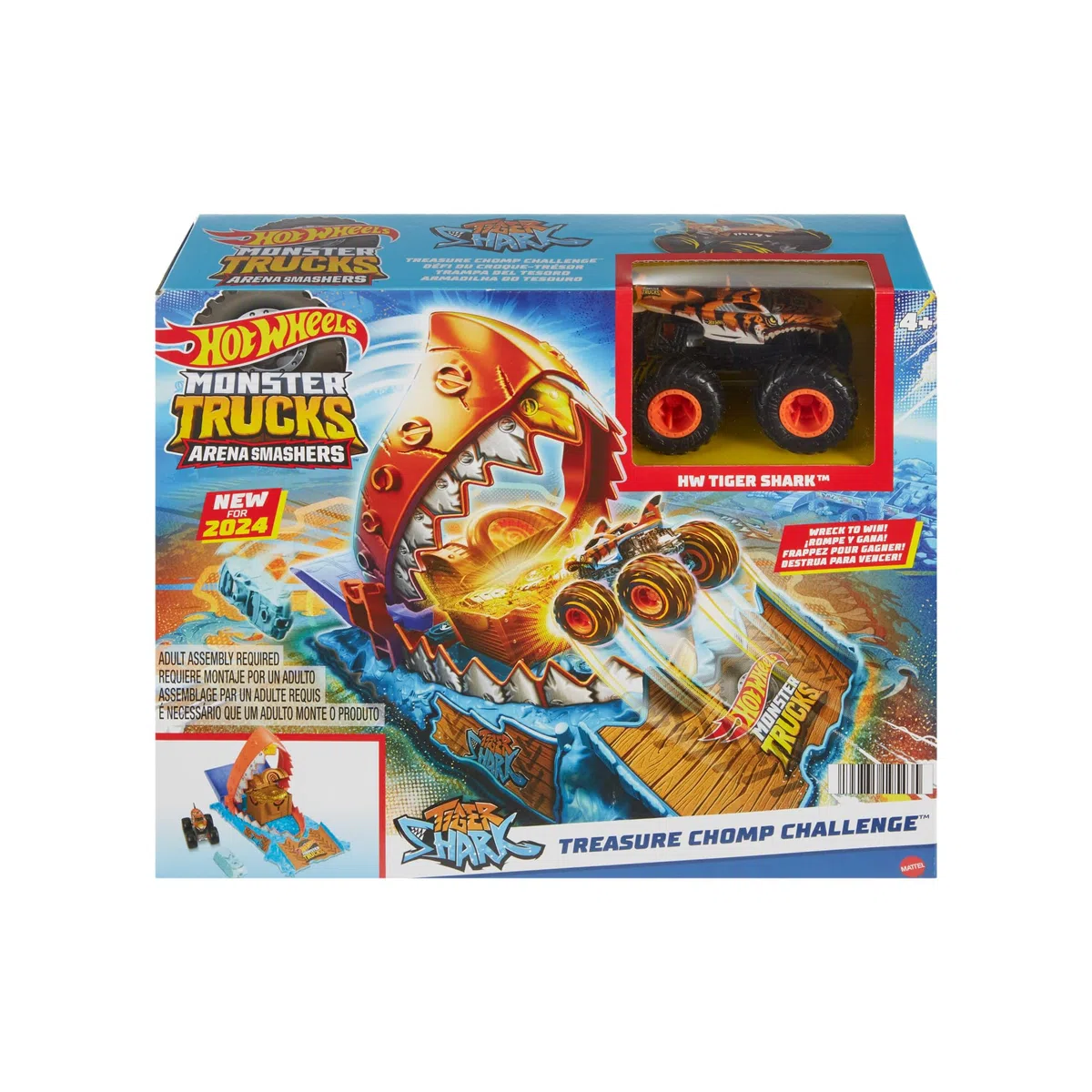 Hot Wheels Monster Trucks - Sfida del Morso per il Tesoro, playset Arena degli Scontri con MT Tiger Shark in scala 1:64 e 1 macchinina schiacciata, giocattolo per bambini, 4+ anni, HTP17