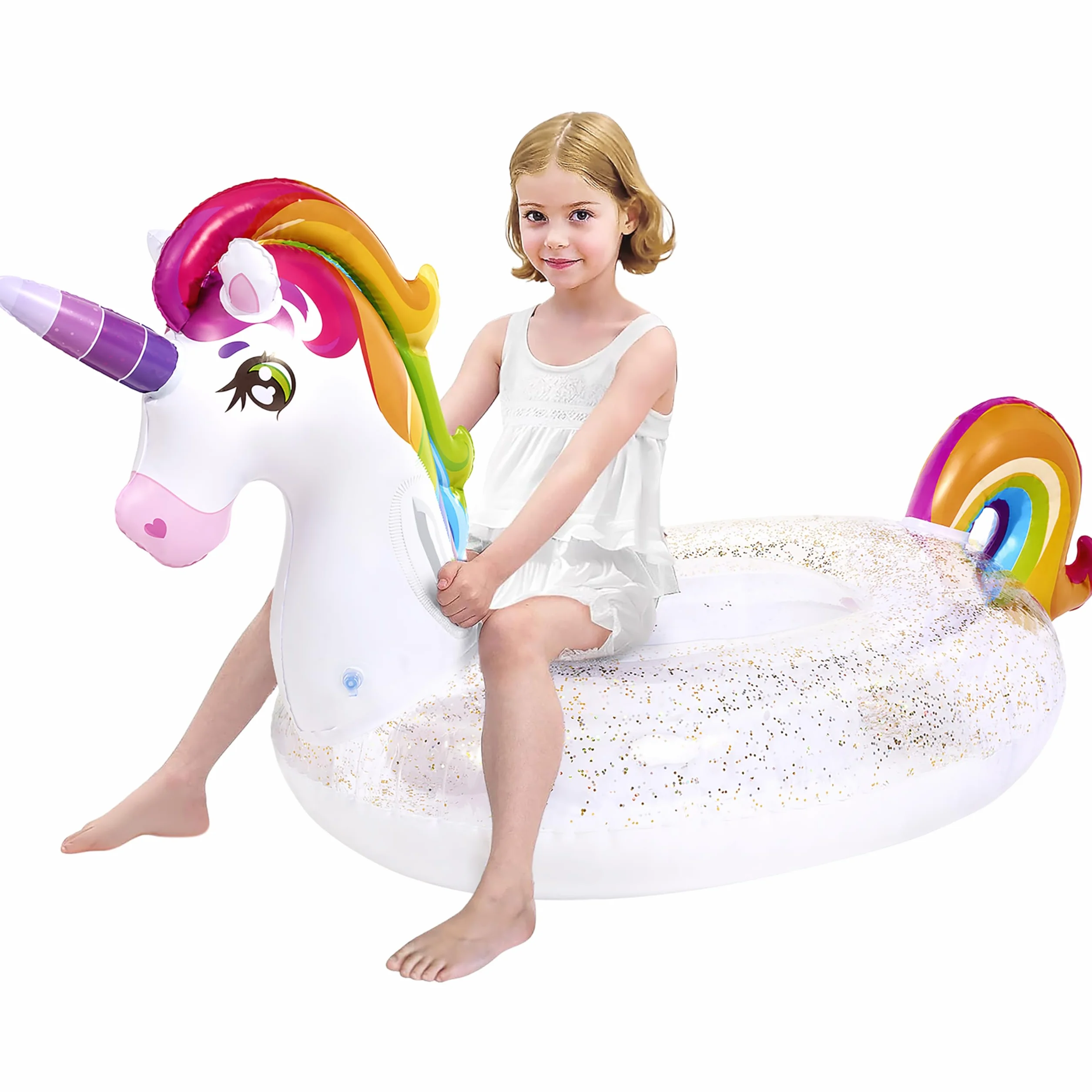 JOYIN Unicorno gonfiabile galleggiante da piscina con glitter Galleggianti divertenti spiaggia, Galleggianti unicorno, Decorazioni per feste estive Giocattoli da piscina per bambini (175x75x85cm)