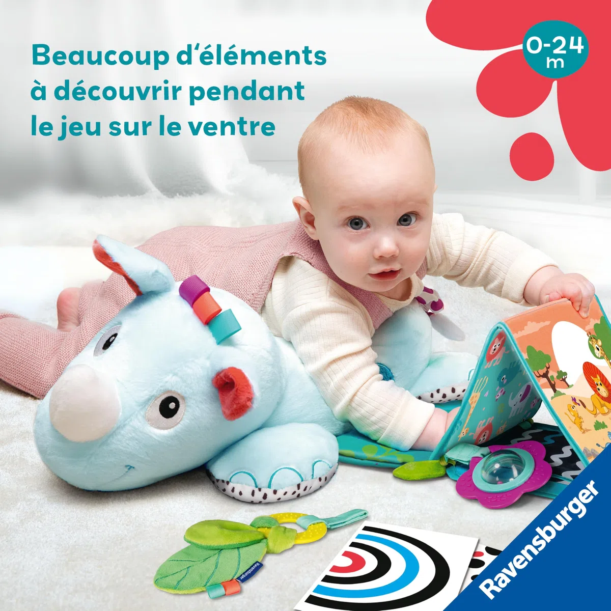 Ravensburger Play+, cuscino sportivo 3 in 1 a forma di Rhinoceros, ideale per allenare bambini da 0 a 6 mesi, giocattolo per imparare la prima infanzia e peluche per attività legate al parto, 34010