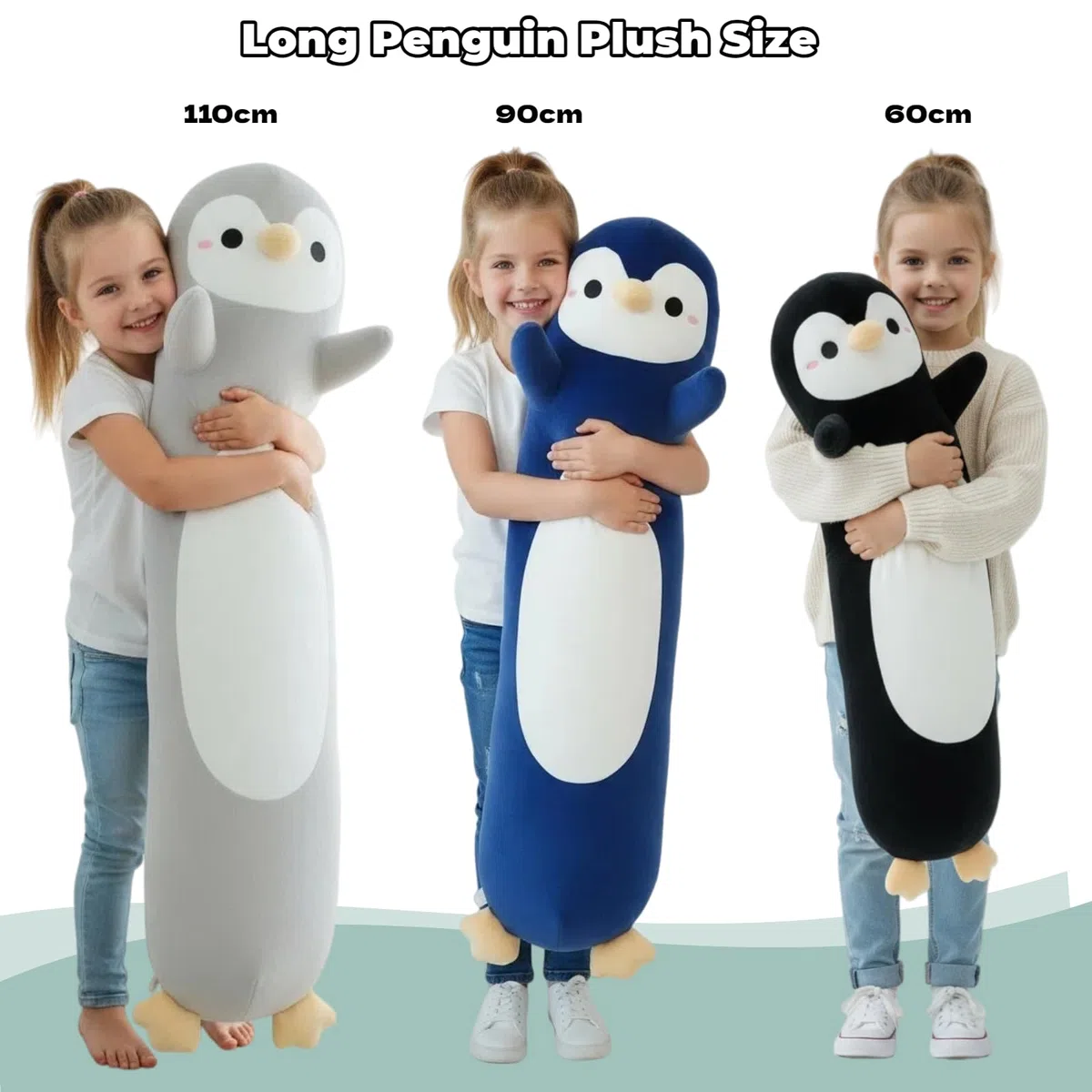 Pinguin - Cuscino lungo in peluche, 110 cm, morbido peluche per bambini e adulti, simpatico pinguino come regalo, cuscino per dormire (nero)