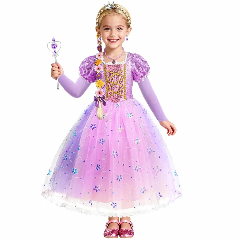 AOOWU Costume da Principessa Rapunzel per Bambina, Vestito Rapunzel con 6 Accessori, Abito da Principessa Viola, Cosplay Halloween Carnevale Abito per Ragazze(100-150)