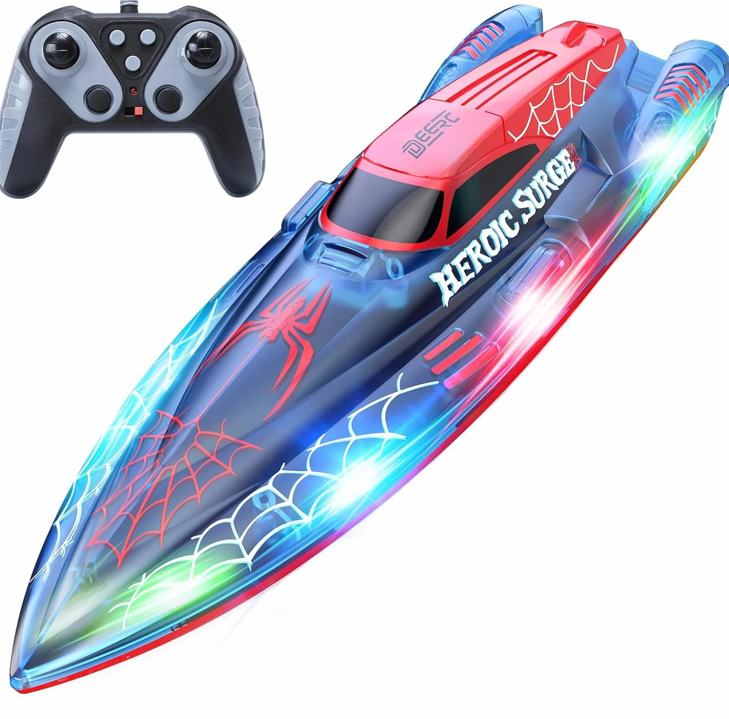 DEERC Barca telecomandata da 13 pollici per bambini, barca ragno RC da 2,4 GHz con luci a LED per piscine e laghi, giocattolo estivo acquatico regalo per ragazzi 8-12, 2 batterie