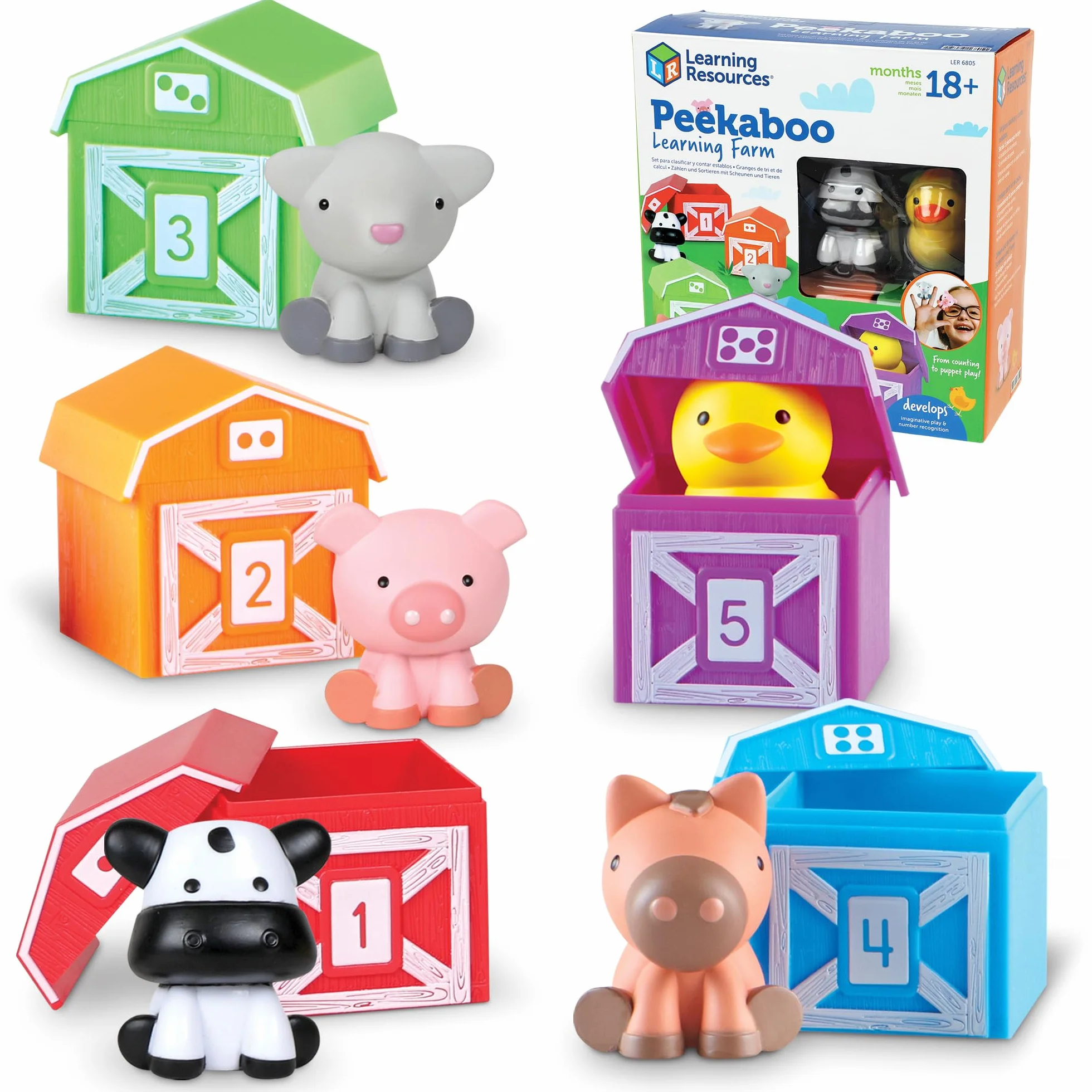 Learning Resources Fattoria Peekaboo, 18+ Mesi, Gioco Educativo con Fienili Numerati, Animali da Indossare e Sviluppo Motricità Fine