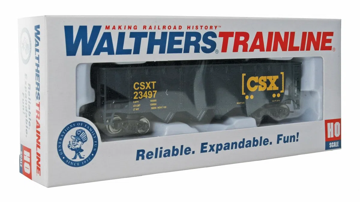 Walthers Trainline Offset Hopper-Ready to Run-CSX Transportation (Blue, Yellow; Boxcar Logo) 931-1425 Ho Scale Model Railroad - Freight Model