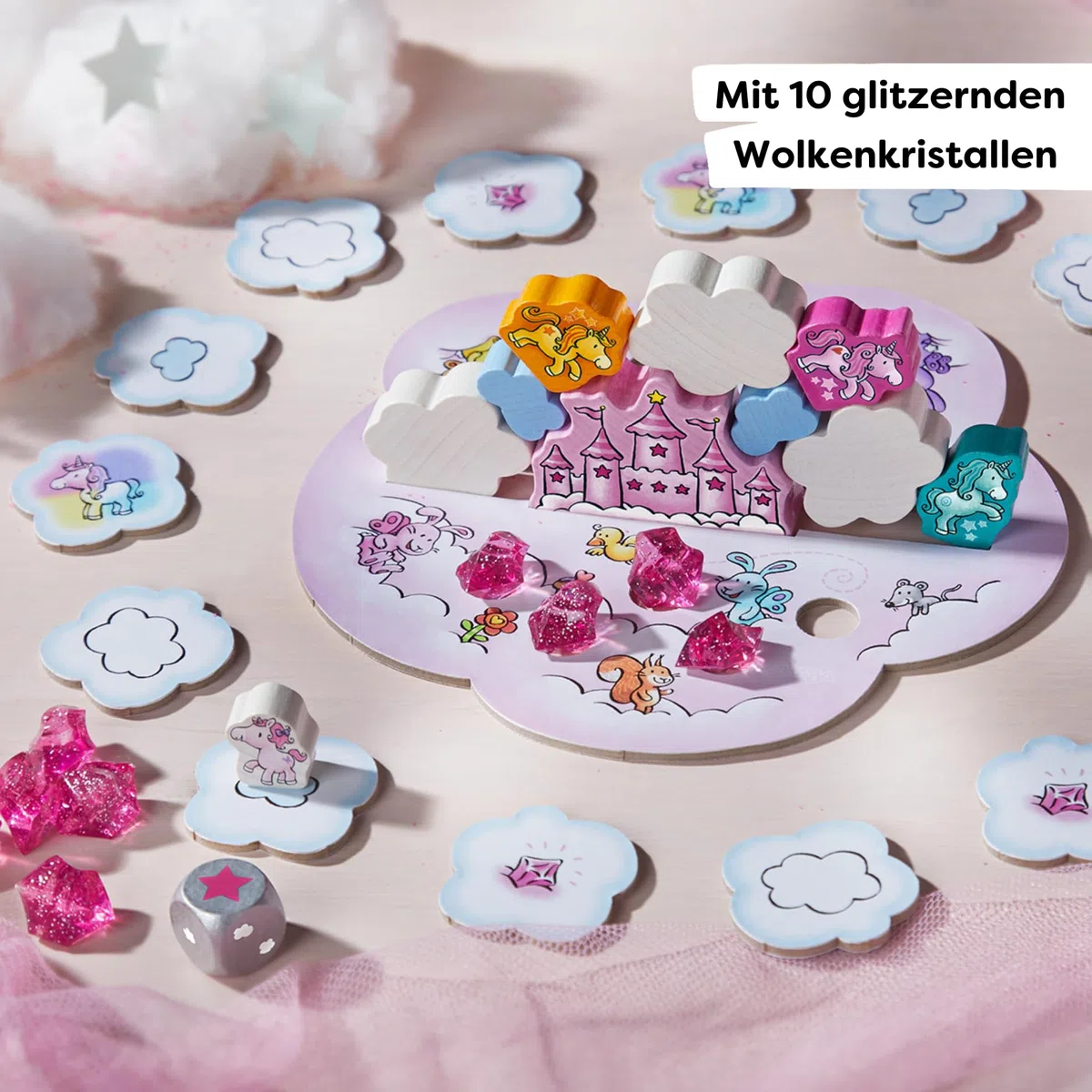 HABA Unicorno Glitter Felice - Gioco impilabile per Bambini con unicorni, Nuvole di Legno e 10 Cristalli di Nuvola Scintillanti, dai 4 Anni in su, 2012232001