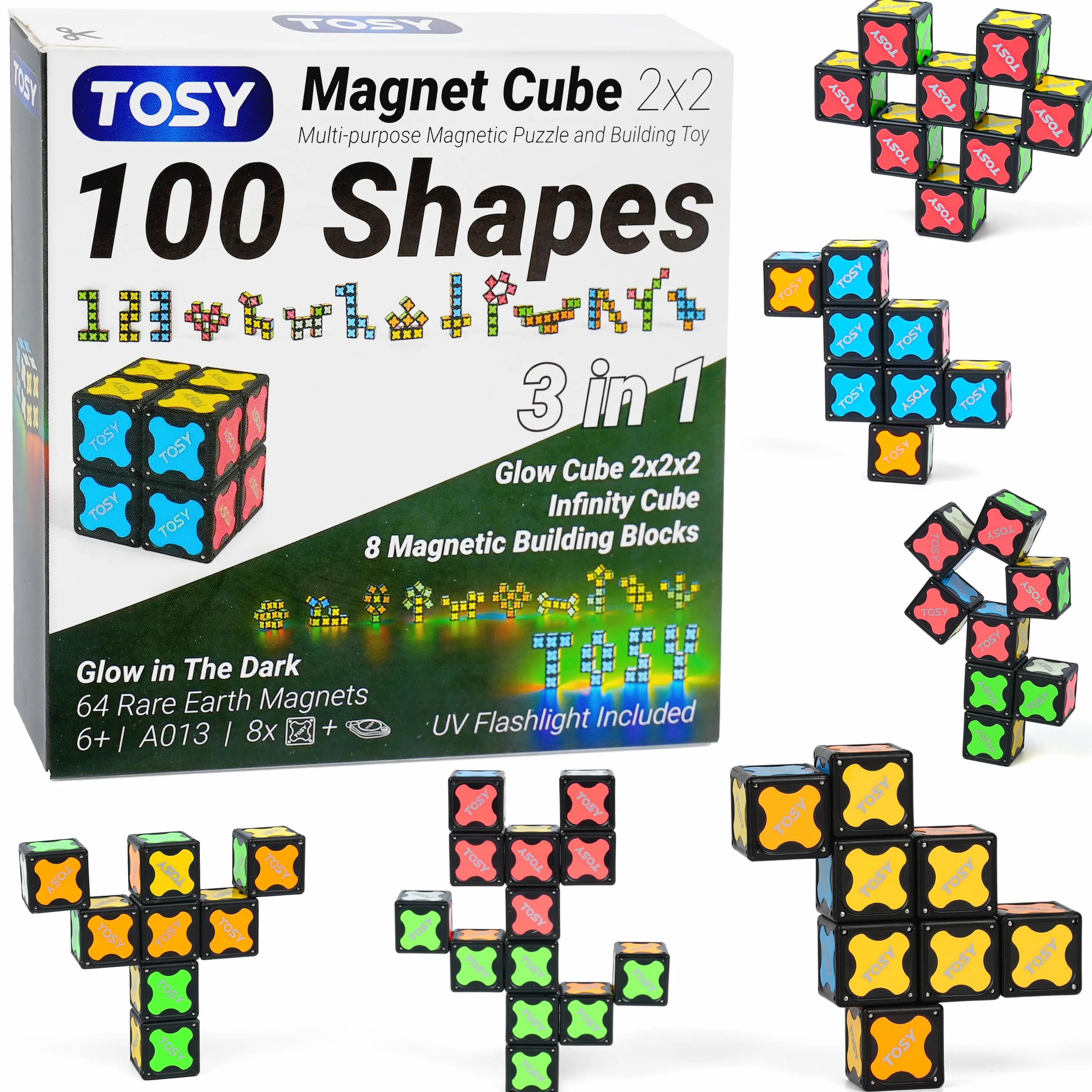 TOSY Cubo magnetico 2 x 2 – 8 blocchi, giocattolo 2 in 1: cubo puzzle 2 x 2 x 2 e cubo infinito personalizzabile, luminoso, regalo per bambini/nipoti, torcia UV, giocattolo sensoriale/STEM