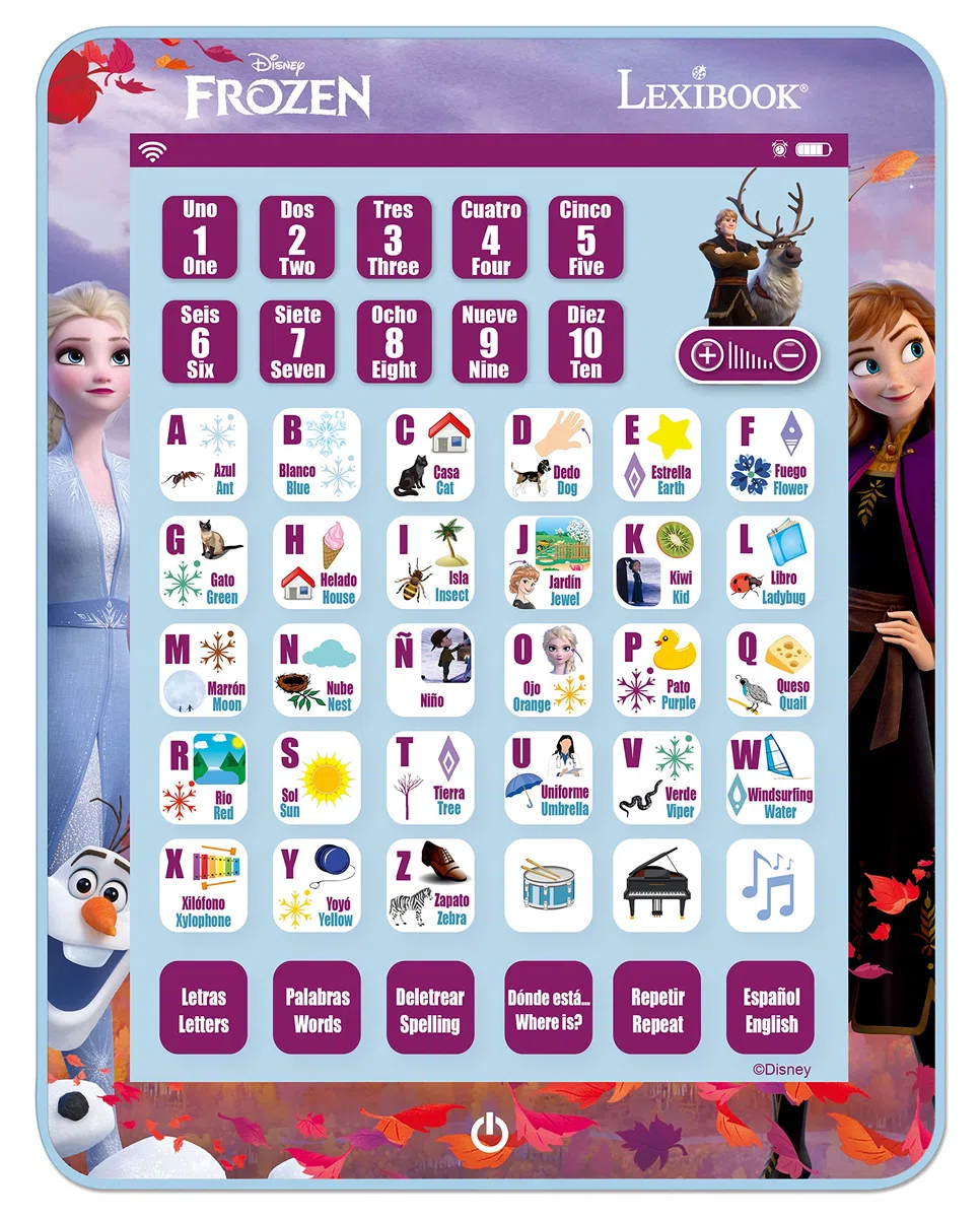 LEXIBOOK, Frozen, Educational Bilingue Learning Tablet, Impara Lettere Numeri Parole ortografia e Musica, Inglese/Spagnolo, Viola, JCPAD002FZi2