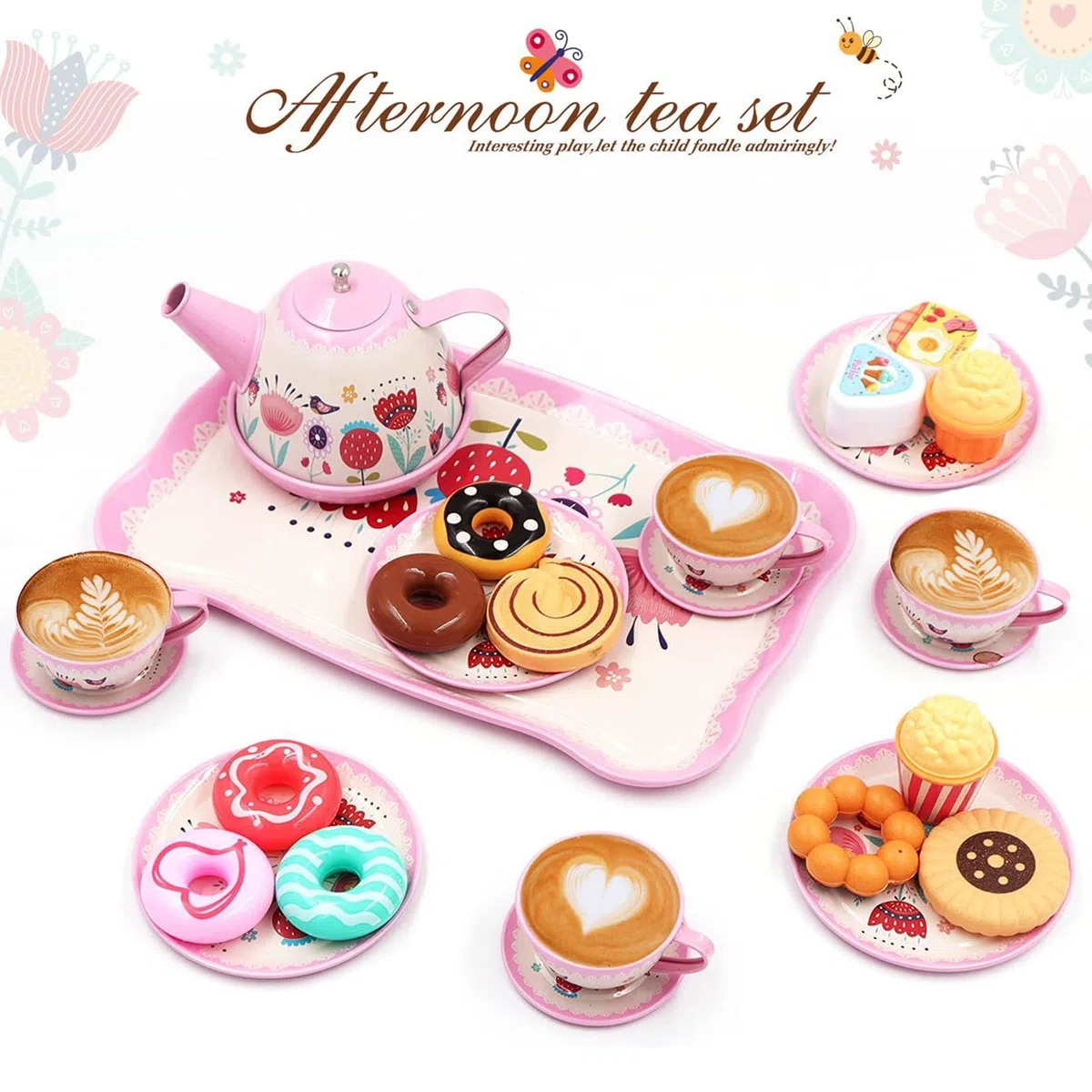 46 Pezzi Set da tè per Bambini Accessori per Cucina Giocattolo Valigetta con Giocattoli da Dessert con Tazze Piatti e Accessori Servizio da tè Completo per Regalo Giocattoli Bambine 3-9 Anni