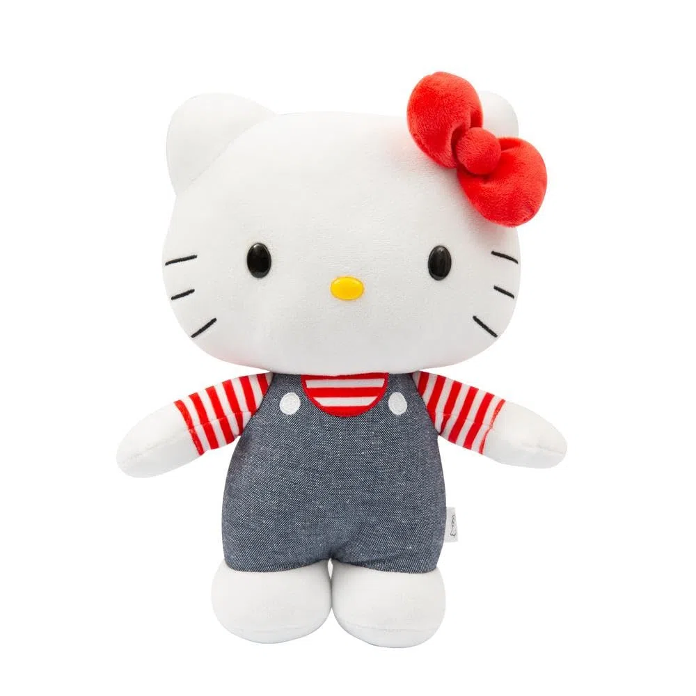 Hello Kitty Peluche 30 cm con Outfit Moda, Tutina Jeans, Fiocco Rosso, Maglia A Righe, per Bambini dai 3 Anni - Giochi Preziosi