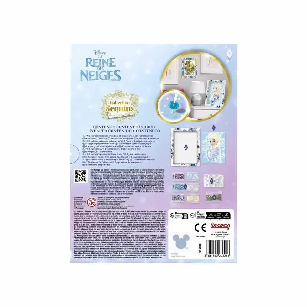 Lansay - COLLECTION SEQUINS - Elsa La Regina delle Nevi - Kit Mosaico con Paillettes per Bambini dai 7 Anni - Quadro Scintillante con Cornice, Paillettes e Spilli - Idea Regalo Creativa Disney