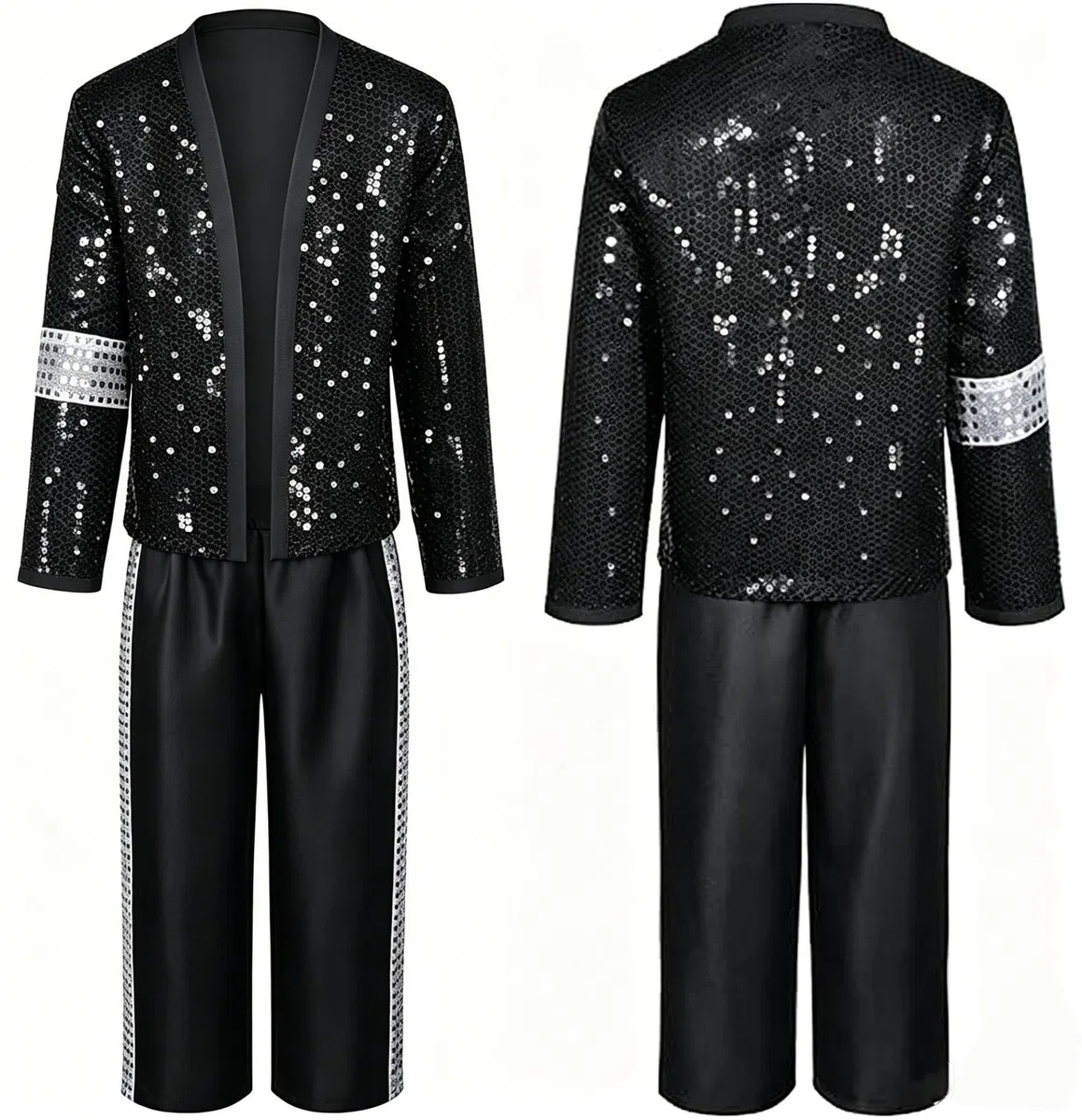 Generico 7 Pcs per Costume Halloween Pop Star - Giacca Nera con Paillettes, Pantaloni, Cappello, Guanti Travestimento Retrò Anni '80/'90 per Spettacoli Scena per Feste Halloween
