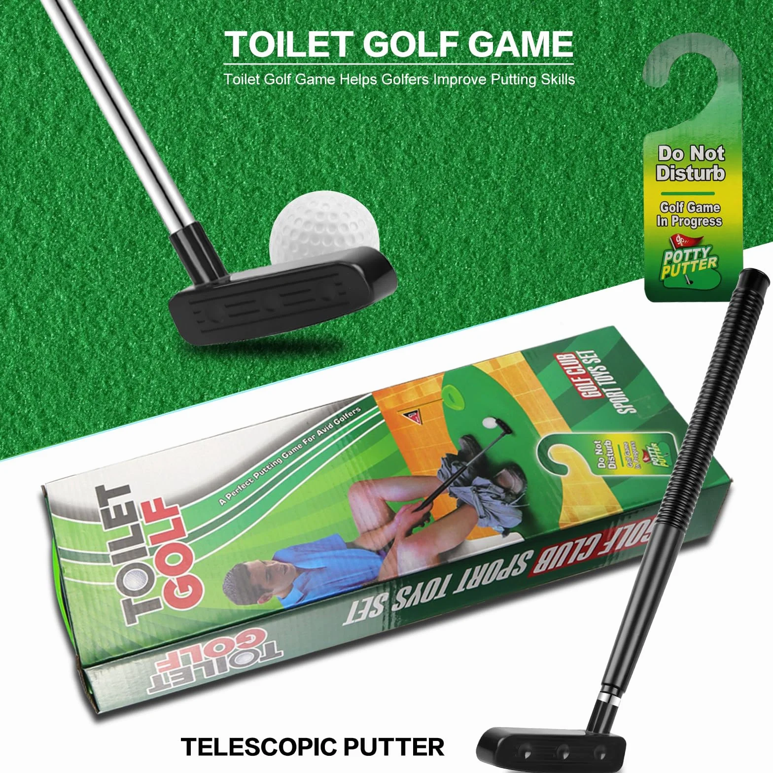 FAELNK Golf Toilet Game Golf Game Set Minigolf Adatto per Regali Divertenti per Giocatori di Golf con Mazza da Golf 65 cm, Tappetino da Golf, 2 Palline da Golf e Appendiabiti