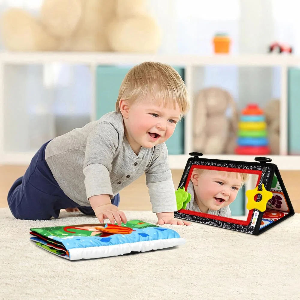 Dr.Rapeti Specchio per Bambini Giochi Sensoriali in Bianco e Nero Specchio per Neonato Giocattolo mit Libri di Stoffa (Specchio da Terra + Libro di Stoffa)