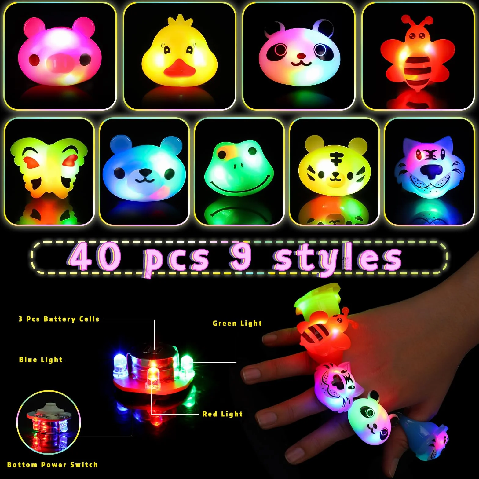 SCIONE 40 pezzi Anelli luminosi a LED Riempitivi lampeggianti per bambini Animale carino Light Up Giocattoli per ragazzi ragazze Premi in classe Bomboniere per feste
