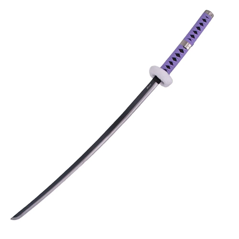 Katana S5017 di Trafalgar Law di One Piece, replica non ufficiale, lama in acciaio nero da 102 cm, impugnatura con avvolgimento marrone chiaro e tsuba rivestita in velluto, con supporto. Rif. S5017