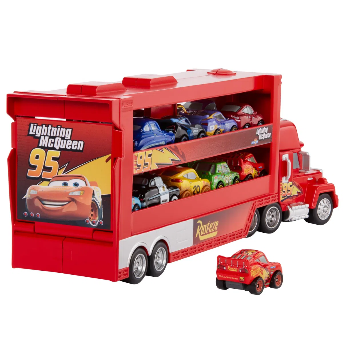 Mattel Disney Pixar CARS - Mack Mini Racers Trasportatore, include mini veicolo die-cast di Saetta McQueen, trasporta fino a 18 mini veicoli da corsa, giocattolo per bambini, 4+ anni, GNW34