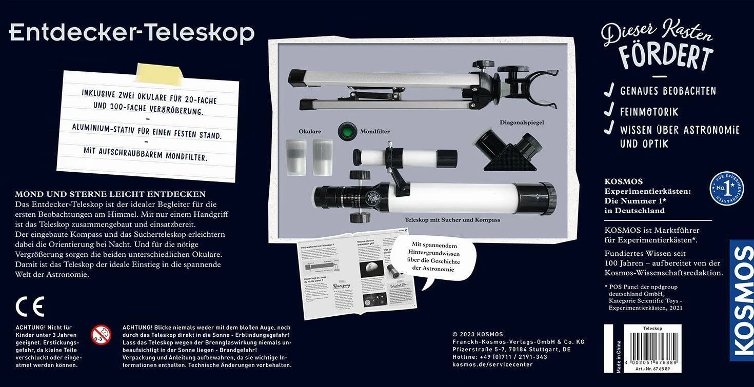 Kosmos 676889 - Telescopio da Esploratore per Principianti e Bambini dagli 8 Anni in su, 2 oculari per ingrandimento 20x o 100x, telescopio da Viaggio Portatile, Scatola per esperimenti, Astronomia,