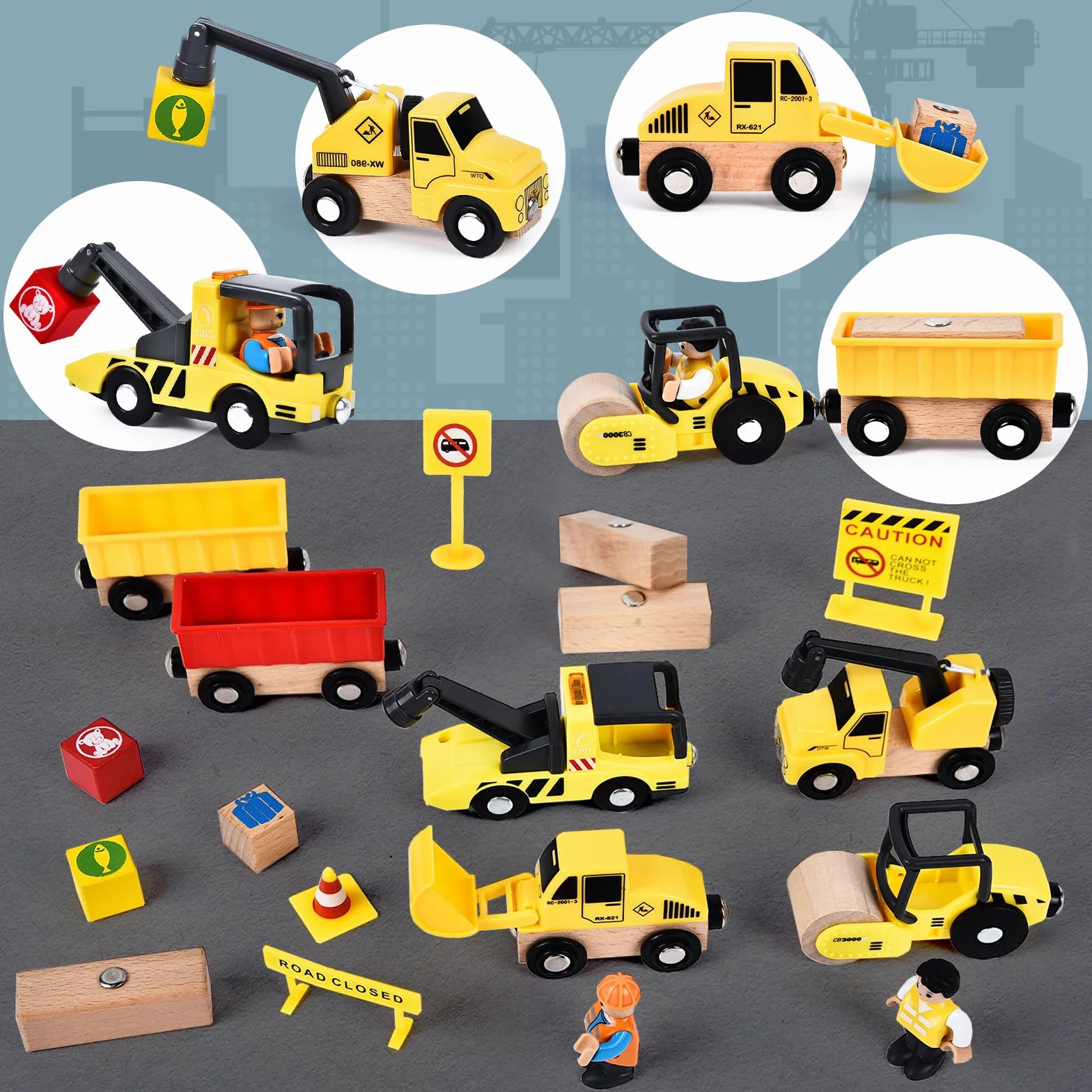 Herenear Veicolo da Cantiere in Legno per Bambini, Magnetico Veicoli con Gru, Bulldozer, Rullo Stradale, Gru a Cavalletto, Giocattoli Educativi per Bambini dai 3 anni in su