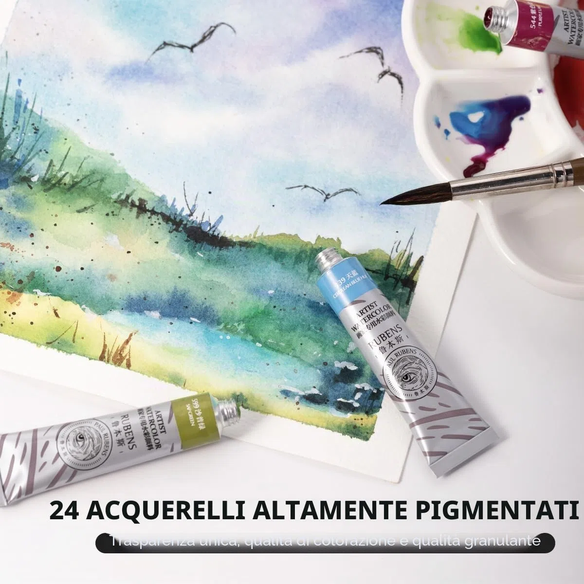 Paul Rubens Set di colori ad acquerello, 24 colori vivaci, tubetti da 12 ml, forniture artistiche per adulti, artisti e principianti